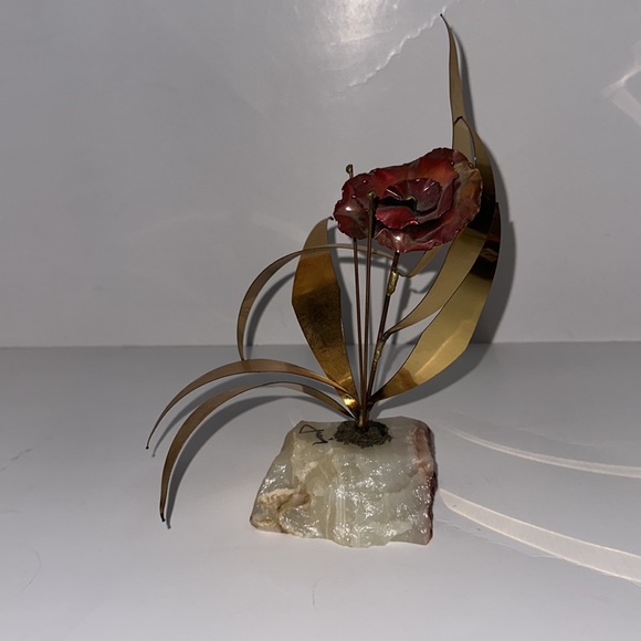 Vintage Mario Jason Flower & Leaves Brass on Marble Onyx Base Sculpture - Picture 5 of 11